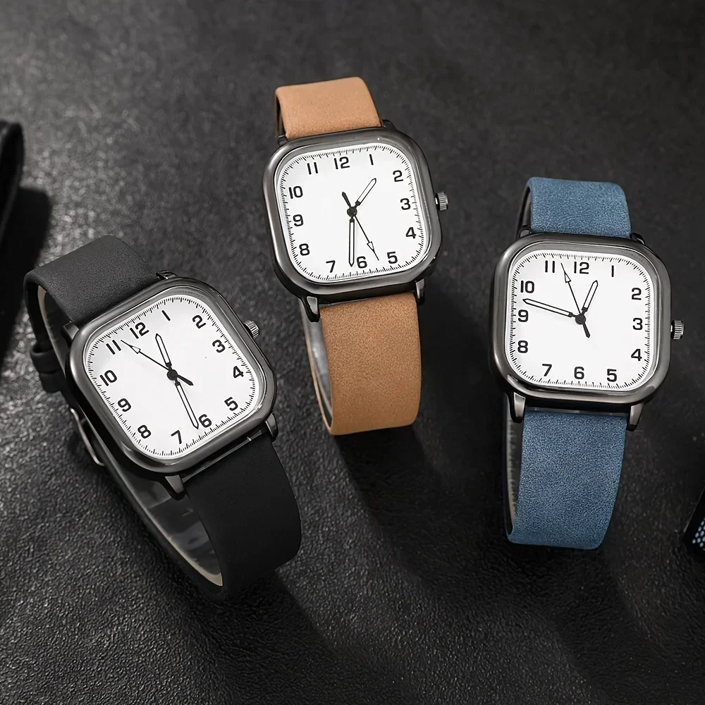 3pcs/set, Men\'s Simple Pointer Style Square Quartz Watches, Gift For Him