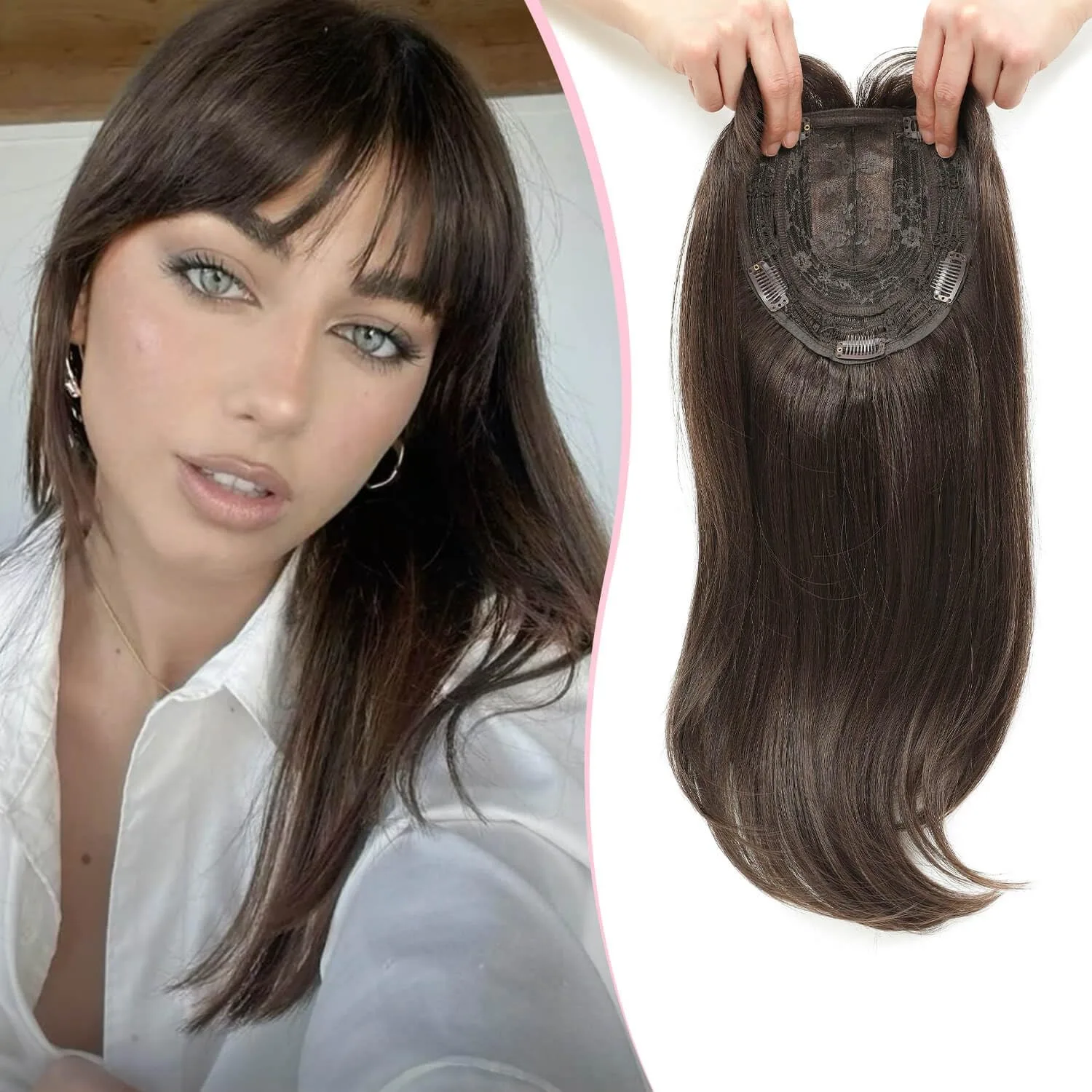 Instant Fullness Solution 18 Inch 3D Scalp Hairpiece Invisible Clip-in Bangs Natural Brown Highlighted Topper Covers Crown Thinn