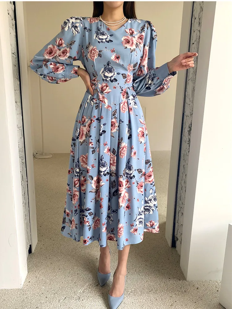 

Korean Fashion Floral Print Dress For Women 2025 Spring Autumn Long Puff Sleeve Sashes Lace-up Pleated Dress Female