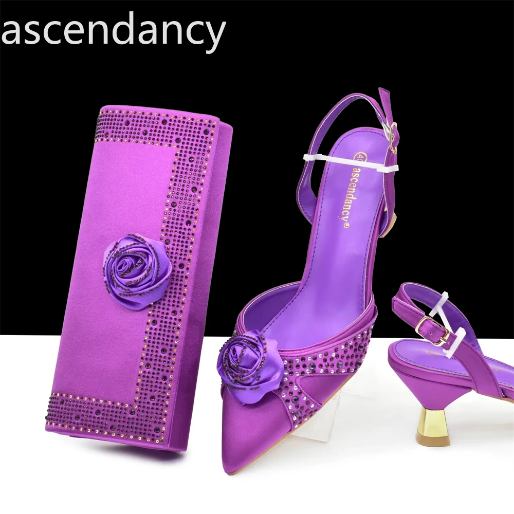 New Design Nigerian Wedding Matching Shoe and Bag Decorated with Diamonds Luxury Elegant Shoe and Bag Set for Party in Women