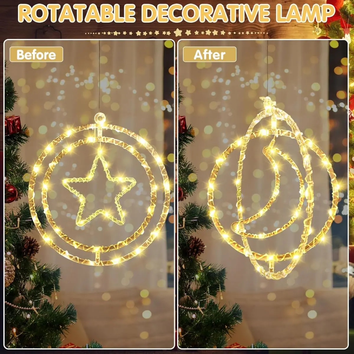 1pc Christmas Decor Lighting LED Star Rotatable Christmas Lamp 32cm Star&Moon Hanging Light For Home Indoor Outdoor Window Decor