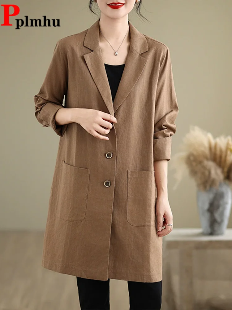 

Cotton Linen Suit Casaco Overcoat Loose Elegant Length Long Sleeved New Windbreaker Women's Casual Fashion Korean Lapel Abrigos