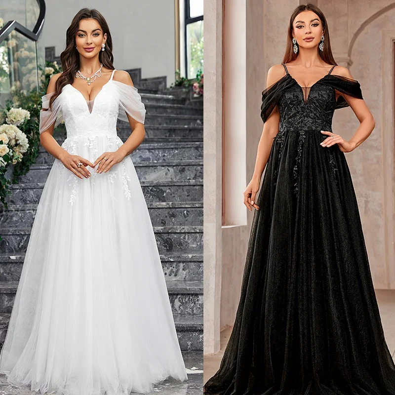 Black and White Evening Dress Square Collar Sleeveless Prom Dress Lace Applique Side Split A-Line Vestidos De Ocasión Formales