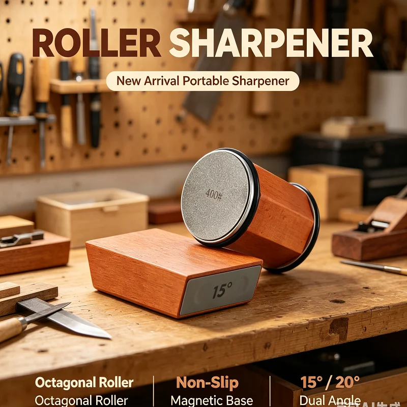 New Kitchen Knife Sharpener, Octagonal Roller Design Industrial Diamond Stone Magnetic 15 & 20 Degrees Sharpening Accessory
