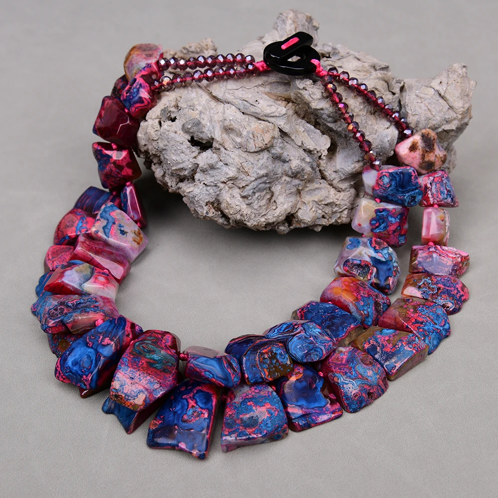 G-G Heavy 2 Strands Red Blue Fuchsia Agate Slice Druzy Beads Top-Drilled Stone Crystal Pendant Necklace Lady Jewelry Gift