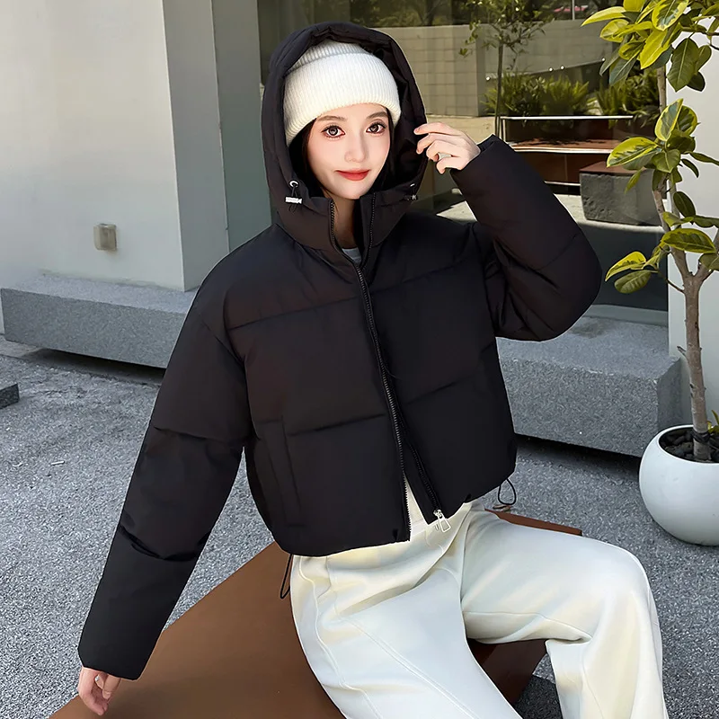 Women Short Parkas Cropped Hooded Puffer Coat Side Drawstring Hem Full Slant Pocket Quilted Jackets Loose Warm Winter Outerwear