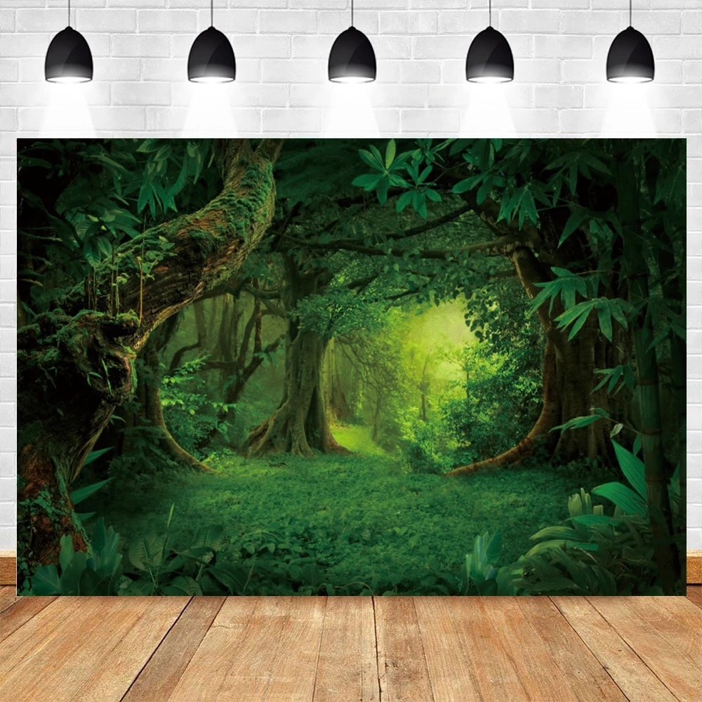 Floresta mágica selva floresta tropical folhas verdes aventura natural acampamento aniversário tapeçaria decoração fotografia fundo