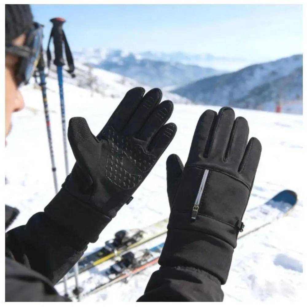 Polyester Winter Cycling Gloves Black M, L, XL Thermal Full Finger Gloves Medium-thick Wrist Zipper Zipper Winter Gloves