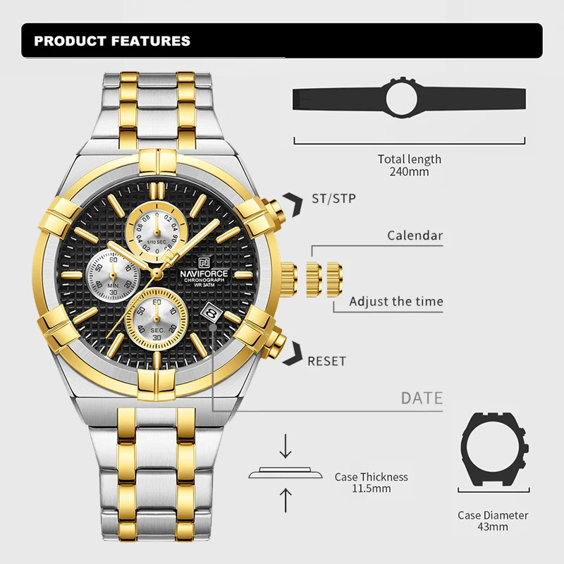 NAVIFORCE Men\'s Luxury Wristwatches Stainless Steel Strap Waterproof Quartz Calendar Man Clock Business Male Chronograph Watches