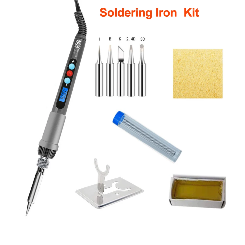 60W Soldering iron kit Adjustable Temperature LCD Solder Welding Tools Ceramic Heater soldering tips Tweezers soldering wire