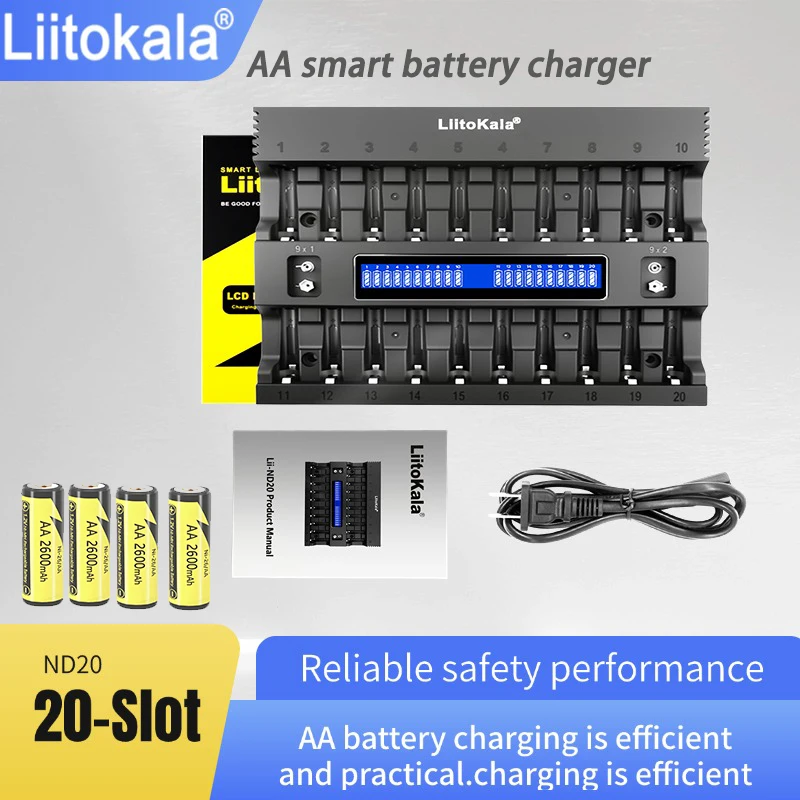

LiitoKala Новое Lii-ND20 20-слотовое ЖК-дисплей AA AAA 1,2 В NiMH интеллектуальное зарядное устройство для аккумуляторов Многофункциональная защита