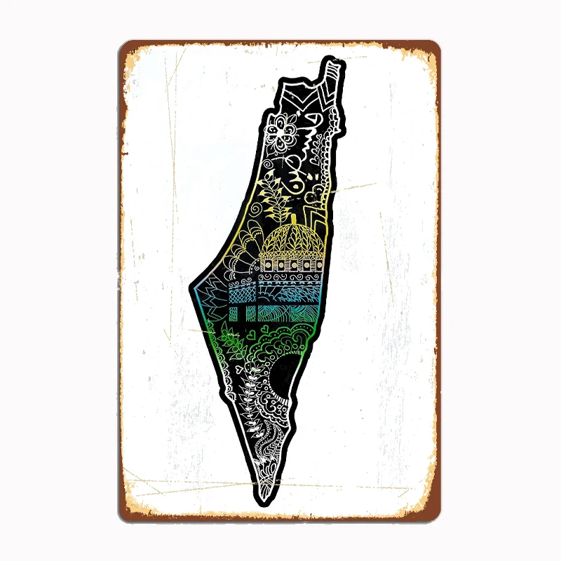 Palestine Map with Beautiful Mandala Metal Sign Poster Garage Room Wall Decoration Cinema Living Custom Tin Vintage Home Decor