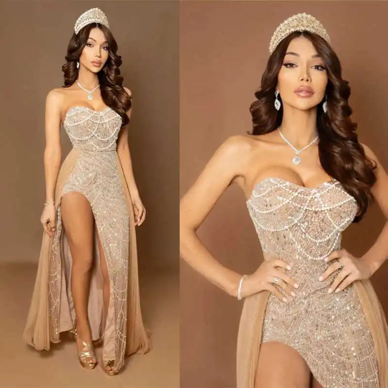 فساتين سهرة رائعة مصممة بدون أكمام مع ترتر بدون حمالات فستان حفلة موسيقية مناسبة رسمية بطول الأرض حسب الطلب