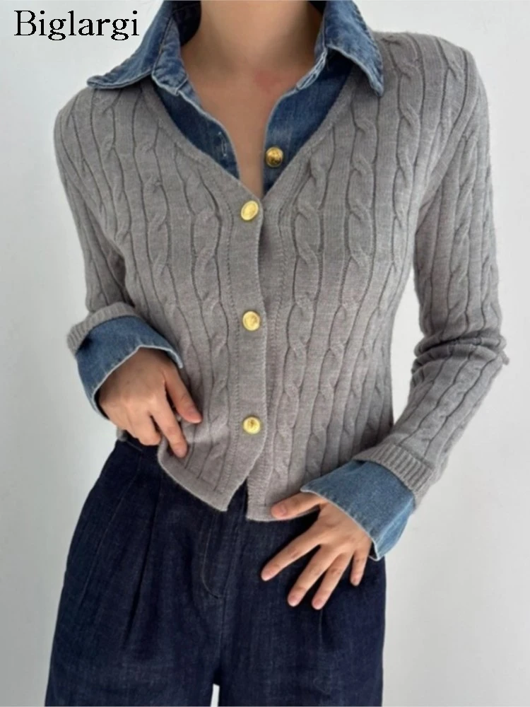 

Вязаный осенний пуловер, женский джинсовый лоскутный облегающий свитер, тонкий модный сексуальный женский свитер, женский свитер в корейском стиле