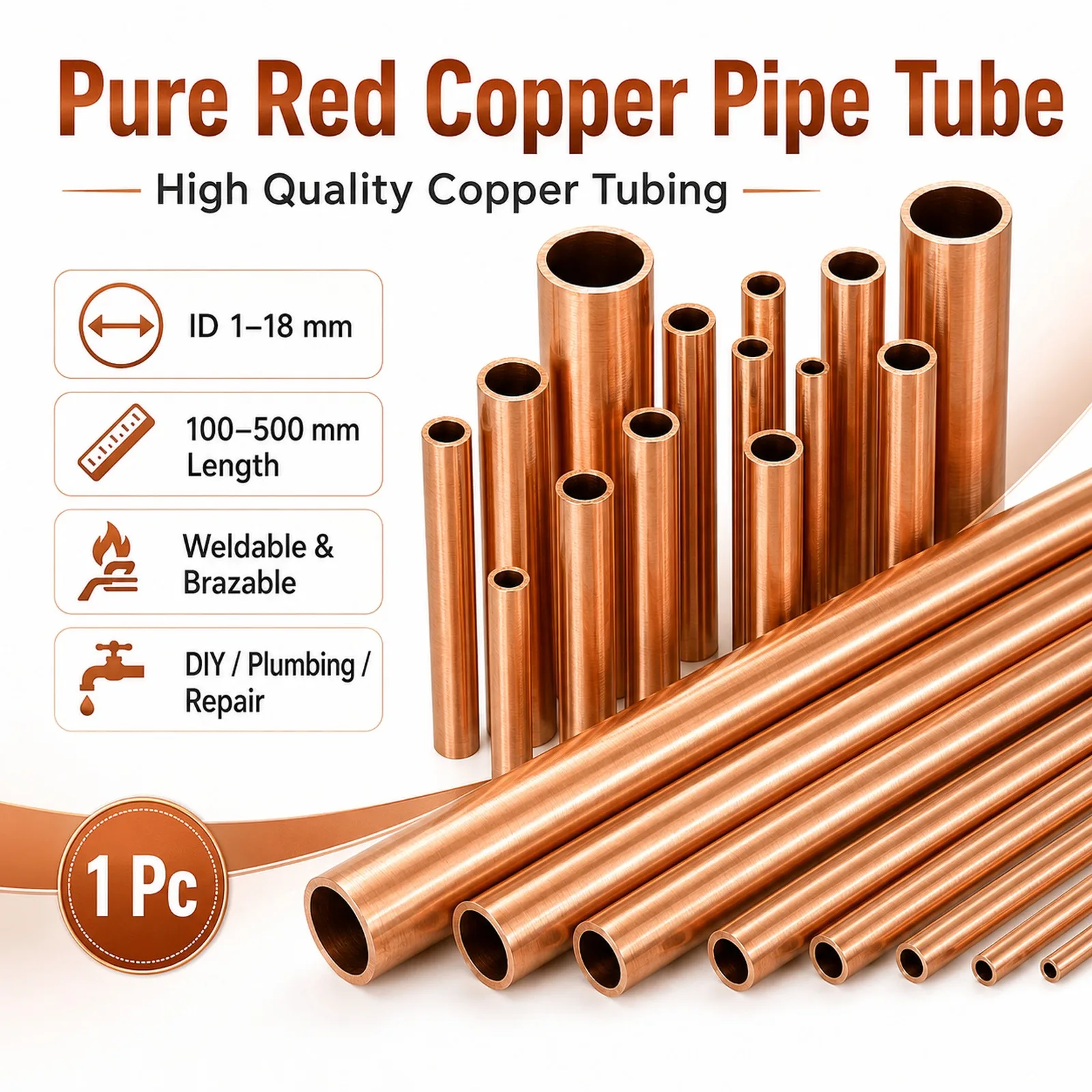 1Pcs Pure Red Copper Pipe Tube ID 1‑18mm 100/200/250/300/500mm Length High Quality Copper Tubing Plumbing Repair DIY Making Rod