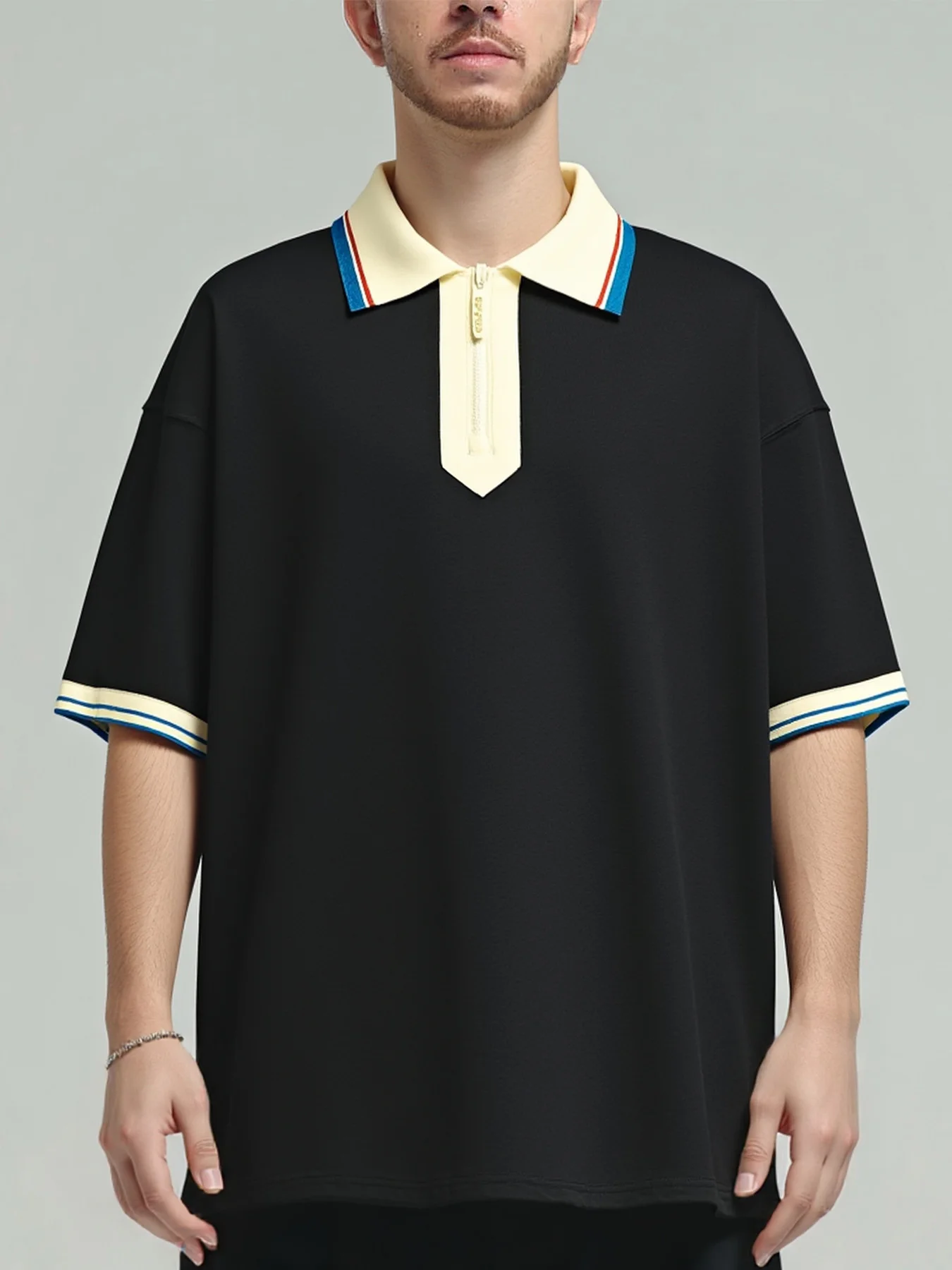 

New Summer 240 Grams Japanese Retro Lapel Short-sleeved T-shirt Men's Trendy Brand Loose Casual Semi-zipper Polo Shirt
