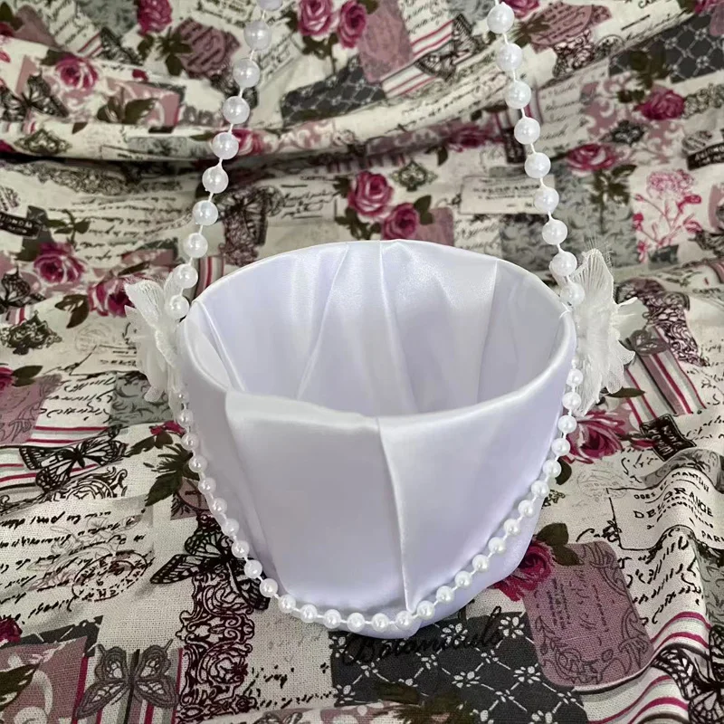 Elegant Pure White Wedding Flower Basket with Pearl Handle And Bow Design Small Flower Basket for Wedding