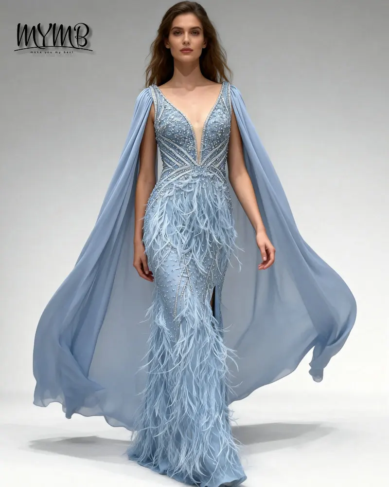 MYMB Luxury Mermaid Cape Sleeves Formal Occasion Party Dress Arabic Sexy V Neck High Slit Beaded Feathers Evening Gown DDS041-2
