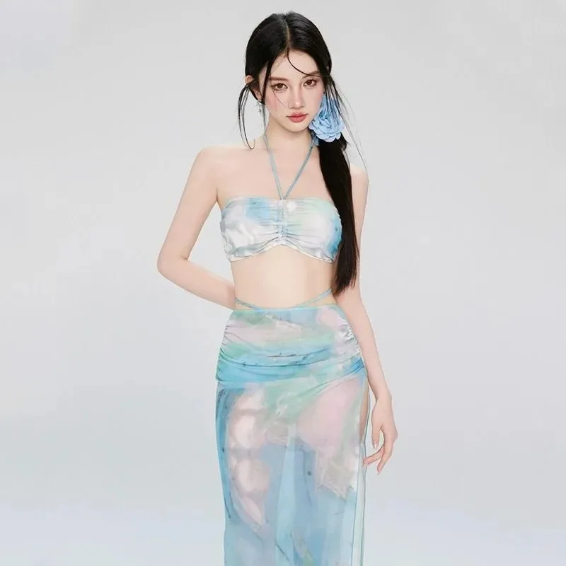 Gradient Print Halter Bikini Set Four Pieces Sheer Wrap Skirt Women High End Holiday Swimwear