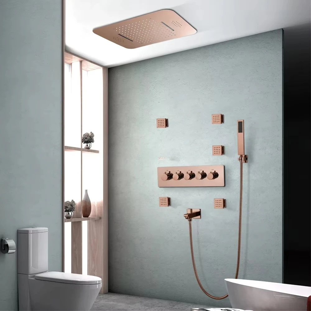 Rose Gold 58*38cm Wall Mounted Thermostatic Bathroom LED Shower Faucet Set with Music System