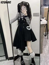 2024 Autumn Sweet Two Pieces Set Women New Stripe T-shirt +  Japanese Sleeveless Mid-length Black Dress Fashion Y2k Streetwear