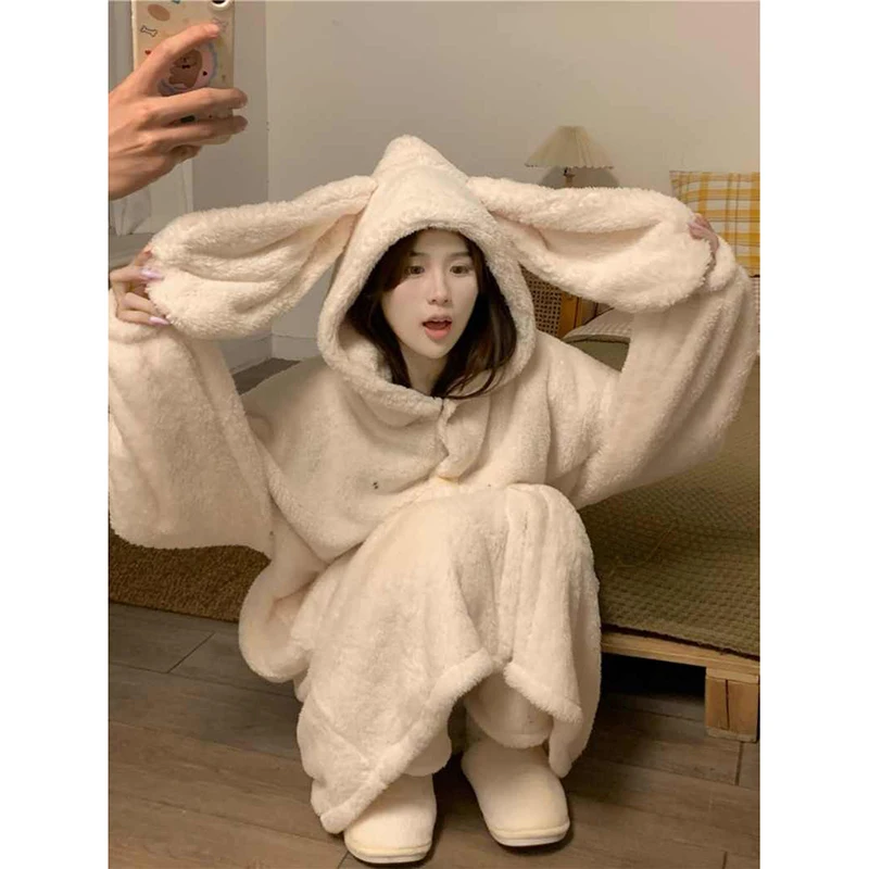 Rubbit Robe Women Sleepwear Hooded Nightdress Winter Fleece Pajama Night Wears Warm One Piece Nightgown Ruffles Homewear 2024