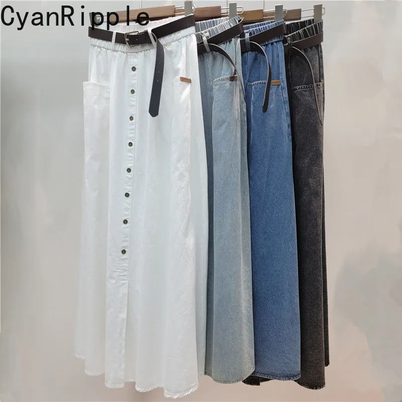 Vintage Elegant Elastic High Waist Ultra Long Skirt All-match New Spring Summer Single-breasted Mi-length Casual Denim Skirts