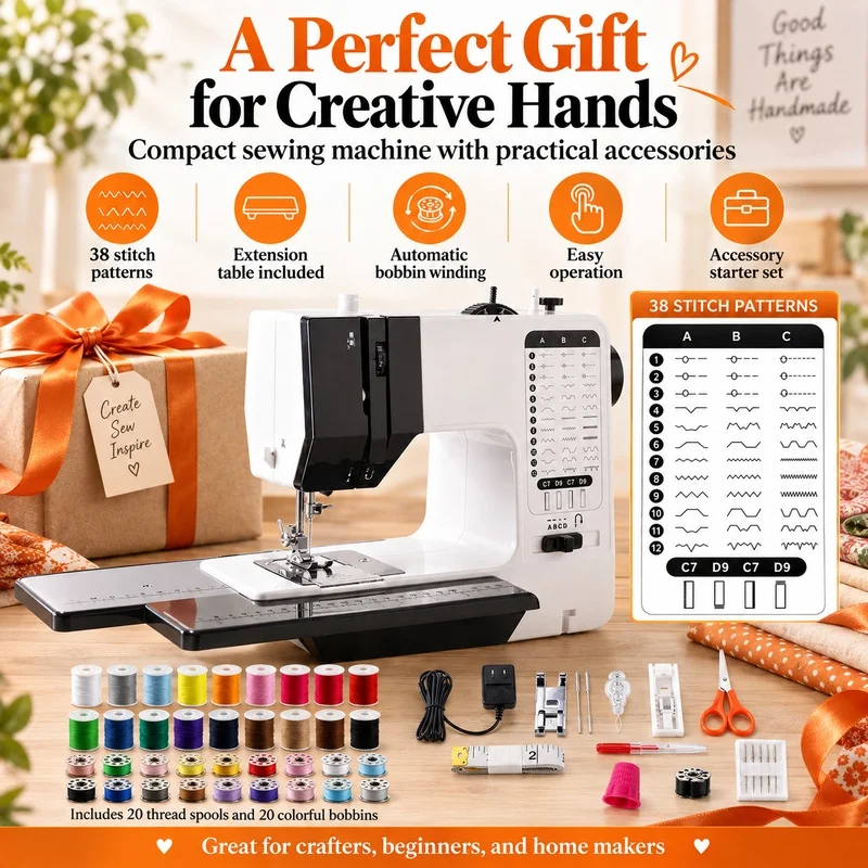38 Built-in Stitch Patterns, Portable Sewing Machine DIY Sewing Machine, Includes 42 Sewing Accessories