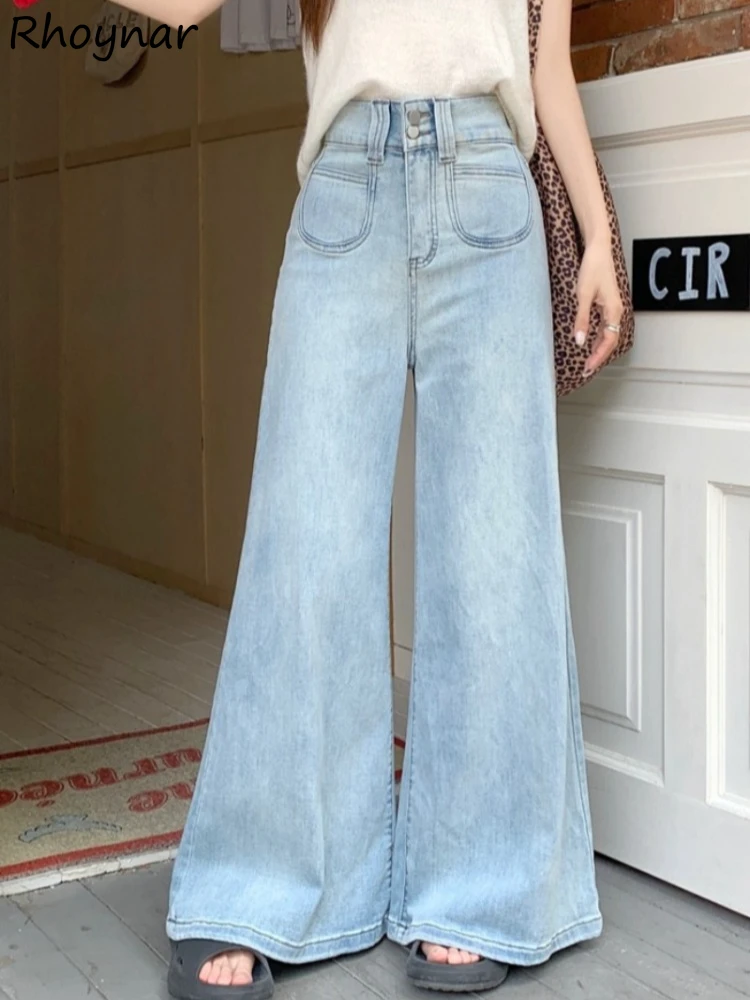 

Light Blue Flare Jeans Women Autumn Loose High Waist Slender Mopping All-match Leisure Slimming Korean Style Retro Streetwear