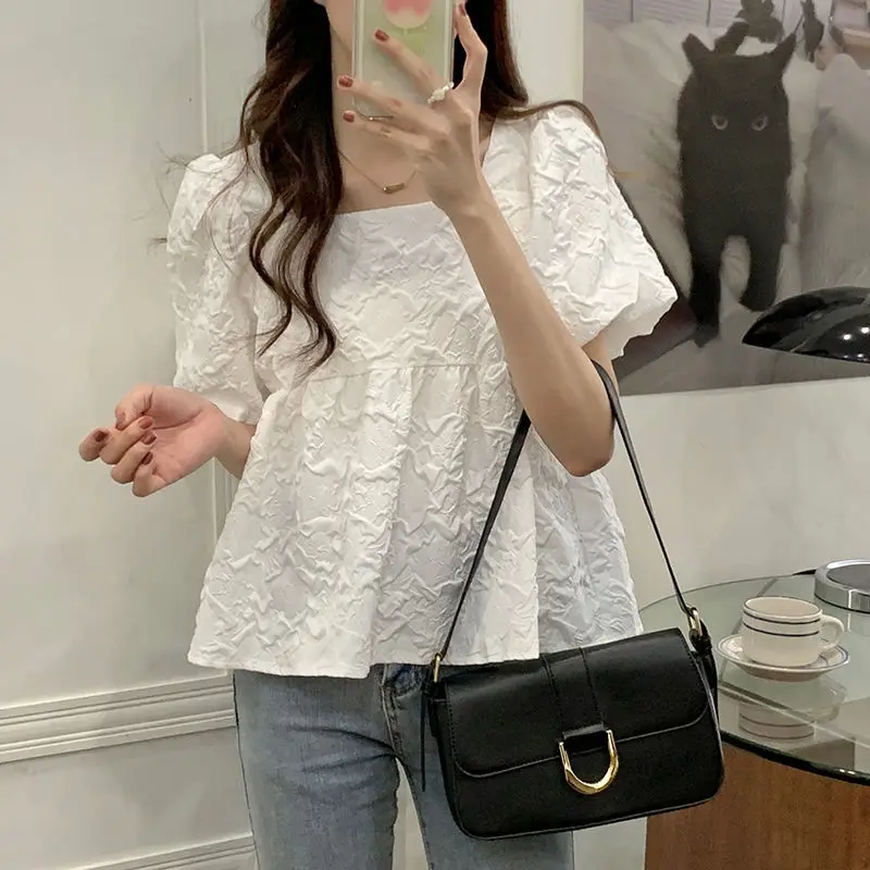 Women\'s Clothing Trendy Pleated Texture Square Collar White Kawaii Blouse 2023 Summer Sweet Chic Puff Short Sleeve Shirts Blusas