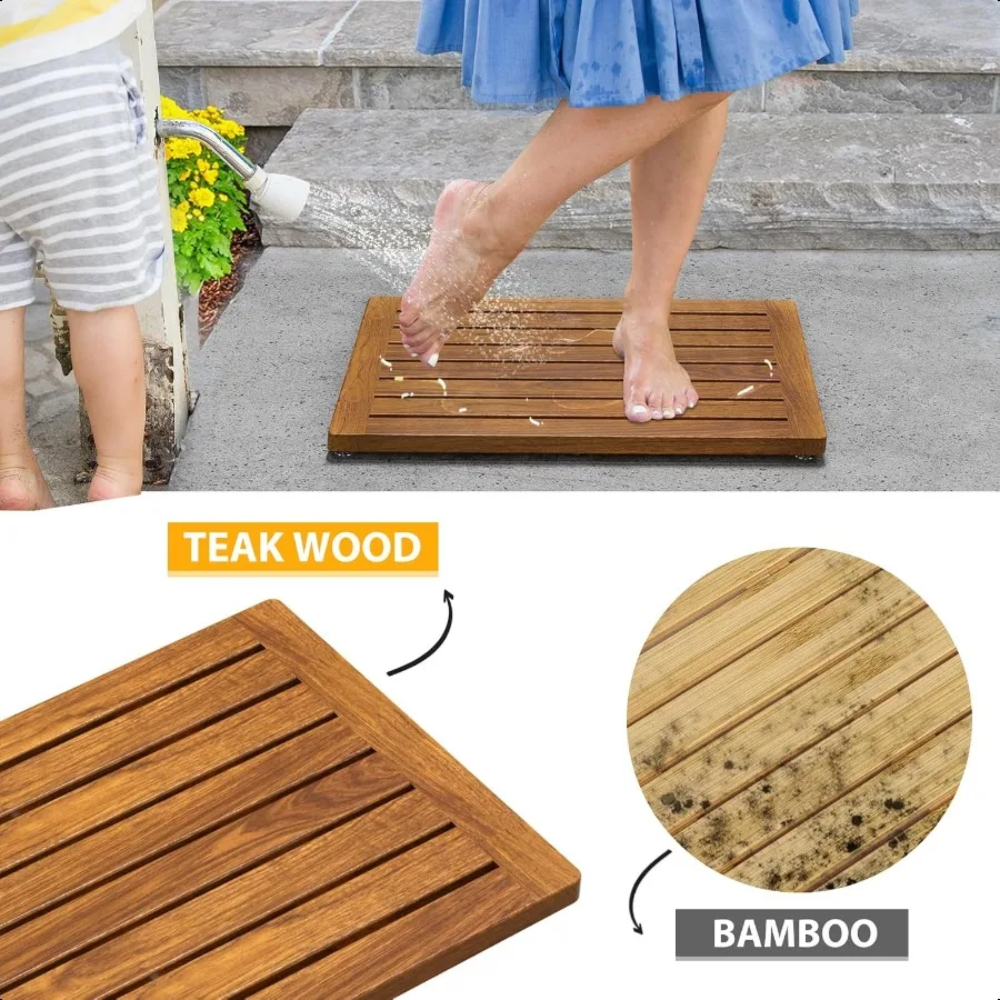 Teak Shower Mat 21"x14" Wood Bath Mat NonSlip Bathroom Mat Teak Bath Mats for Bathroom Wooden Floor Mat Bathroom Mat for Inside