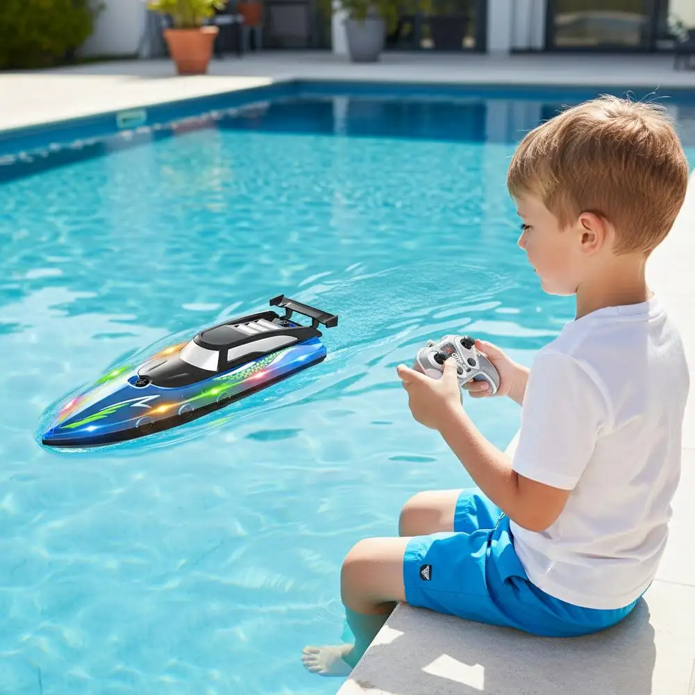 Barco RC de alta velocidad para niños y adultos, barco de carreras de doble Motor con luces LED, barco de Control remoto impermeable, juguete, regalo de cumpleaños