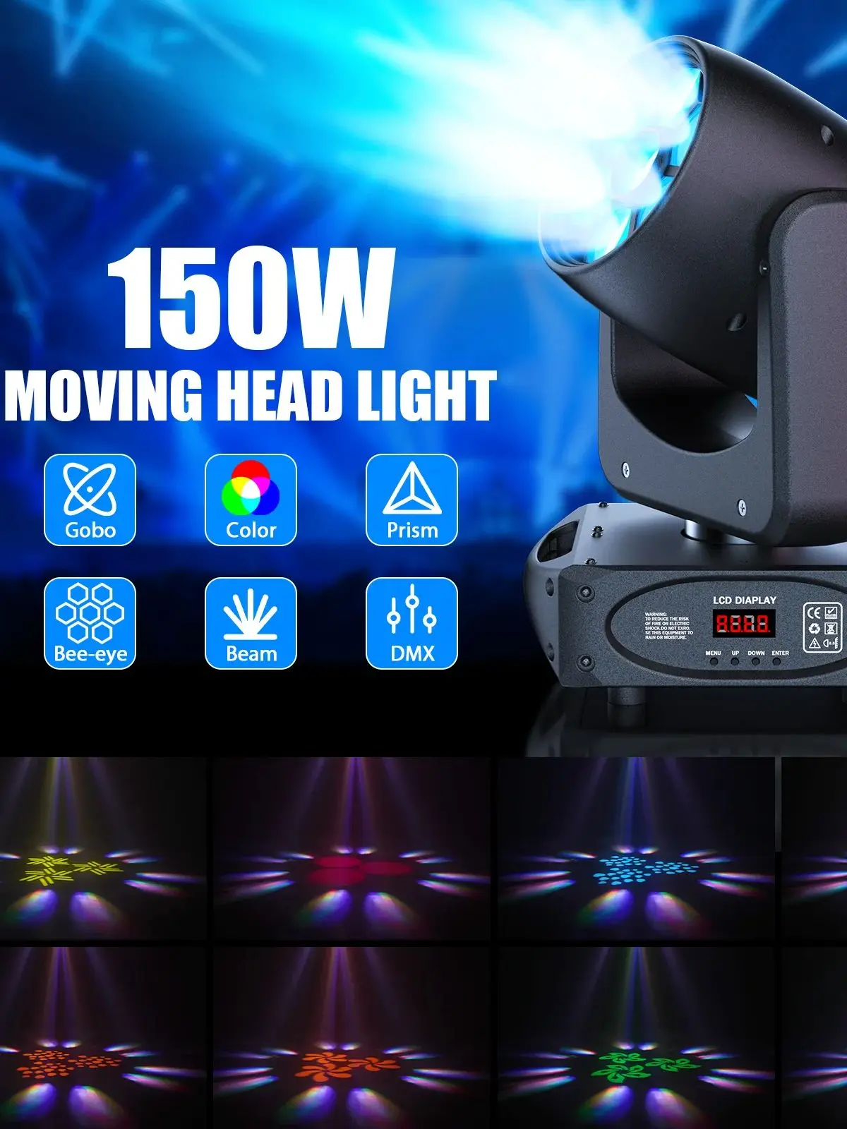 Yiflamefly 150W Bee-Eye Beam Moving Head RGBW Beam/Wash/Zoom Bühnenlicht 8 Farben 8 Gobos 3 Prismen DMX DJ-Lichter für Disco KTV Show