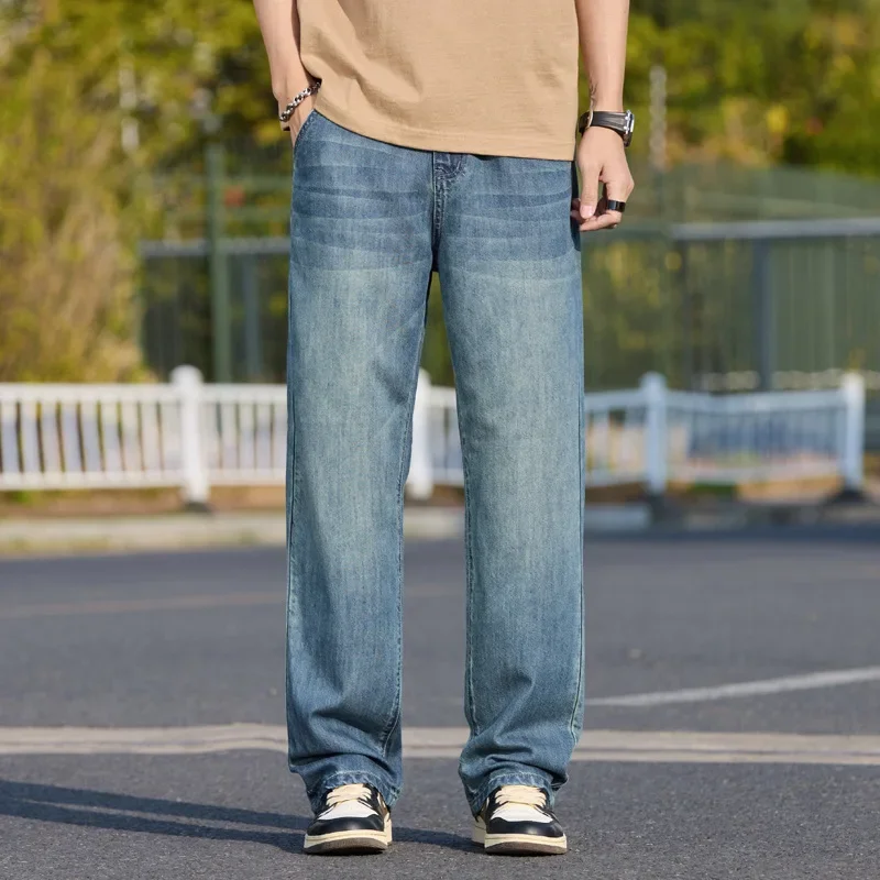2026 Summer Mens High Quality Lyocell Denim Long Pants American Trendy Brand Loose Wide Leg All Match Stretchy Casual Pants