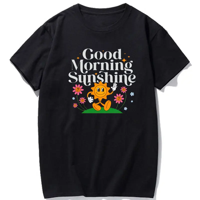 

Good Morning Sunshine T-Shirt with Retro Flowers and Smiling Sun What Makes You Smile in The Morning Casual Fashion T-shirt Tops