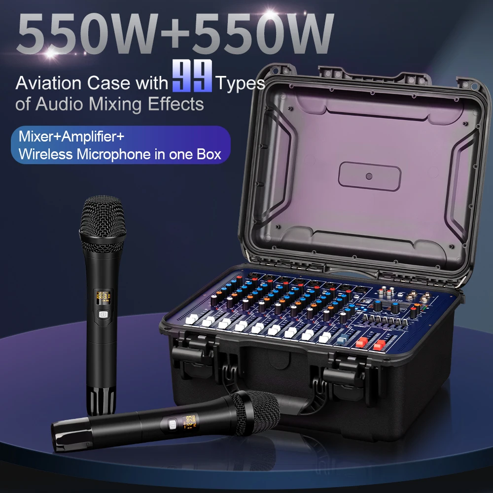 Active Mixer with 2 Handheld Wireless Microphones and Aviation 8-channel Audio Power