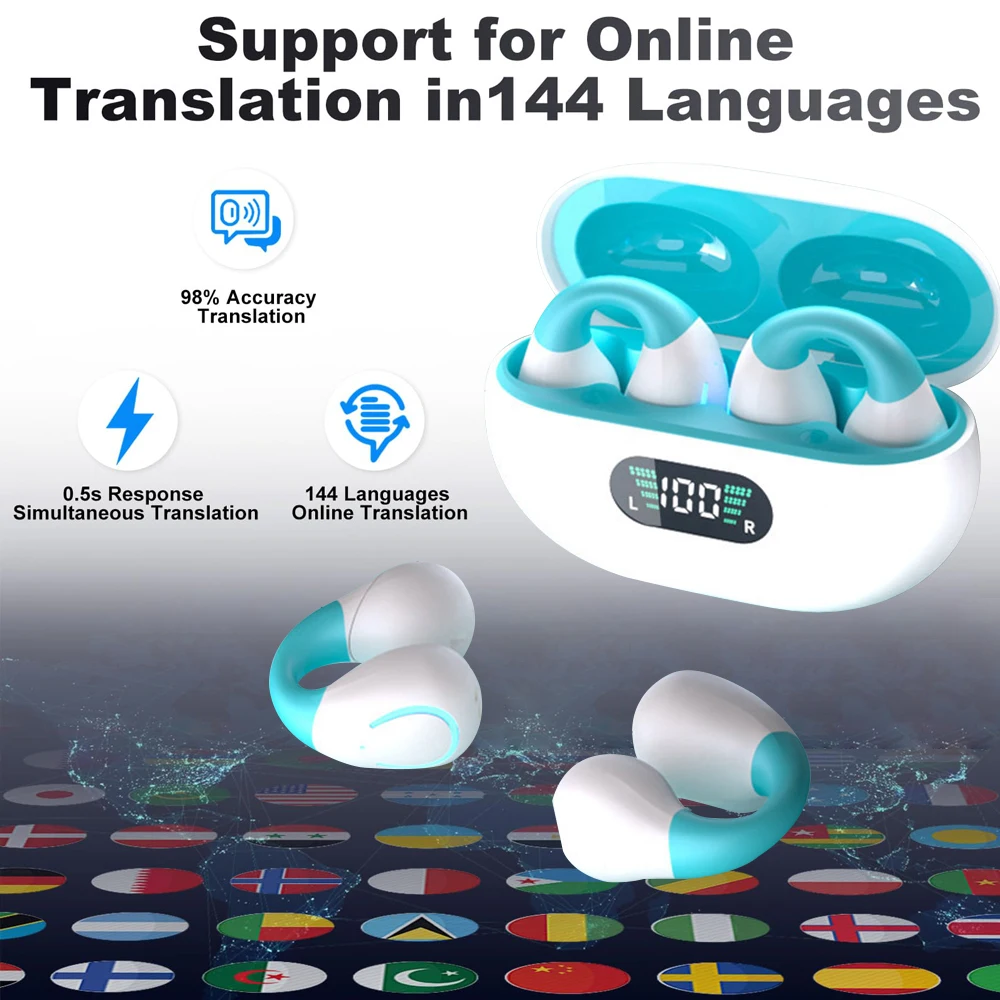 سماعات أذن مترجم من GREATWALL AI بدون ألم، سماعة بلوتوث لاسلكية مع ترجمة في الوقت الحقيقي في 144 لغة