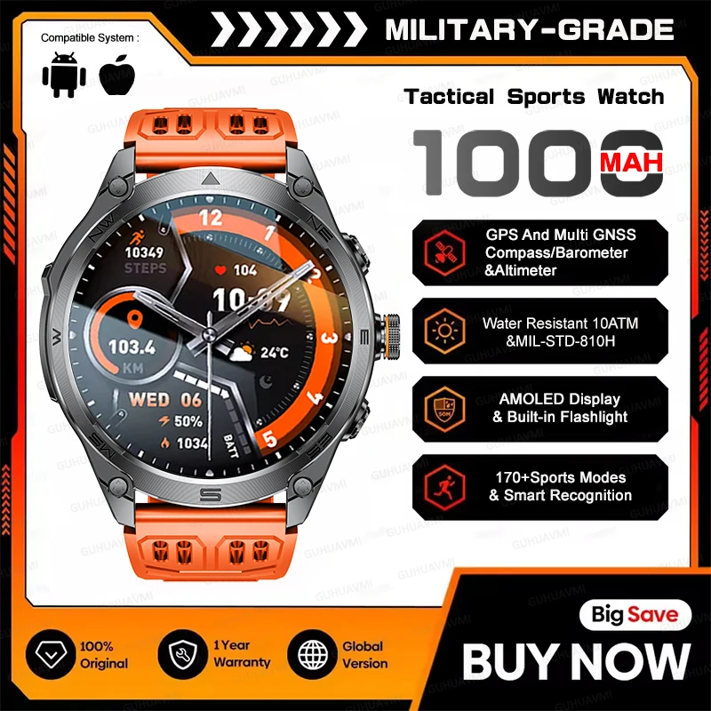 Montre connectée de sport tactique en plein air pour hommes, positionnement GPS militaire, 1000mAh, 1.75 ”, boussole AMOLED, lampe de poche, étanche 10ATM