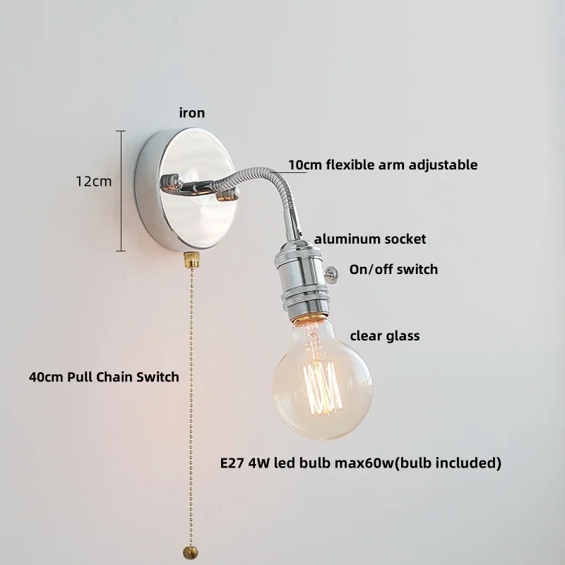 IWHD Nordic Modern LED Wall Lamp Sconce Hallway Study Kitchen Pull Chain Switch Flexible Arm Glass Bathroom Vanity Mirror Light