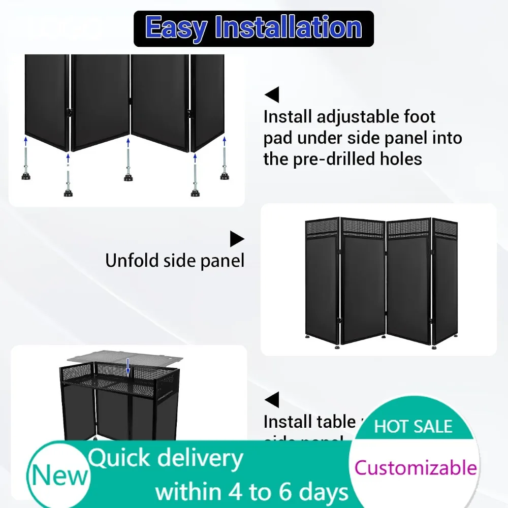DJ Booth Table Station 44x42x21in, Facade w/ Black & White Scrims, Detachable 40x20in Table, Bag, Foldable Metal Frame