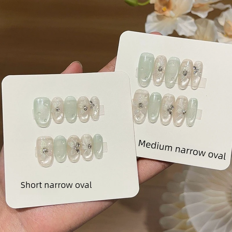 Decor DIY Press on Nails Mint Transparent Silver Cat Eye Dew Butterfly Rhinestone Handmade False Nail Art Decoration