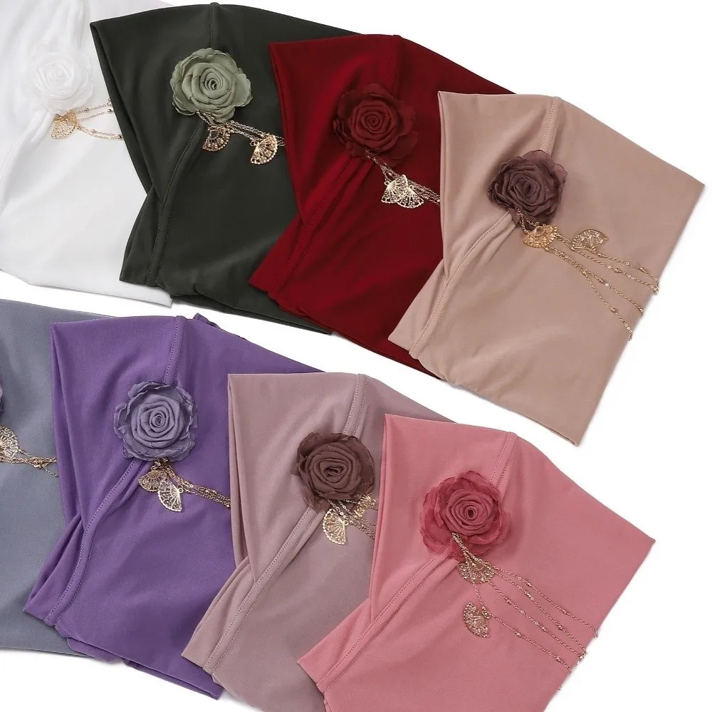 Comfort Round Edge 3D Flower Tassel Hijab Solid Color High-Elasticity Head Wrap Stretch Lightweight Head Scarf Modest Wear
