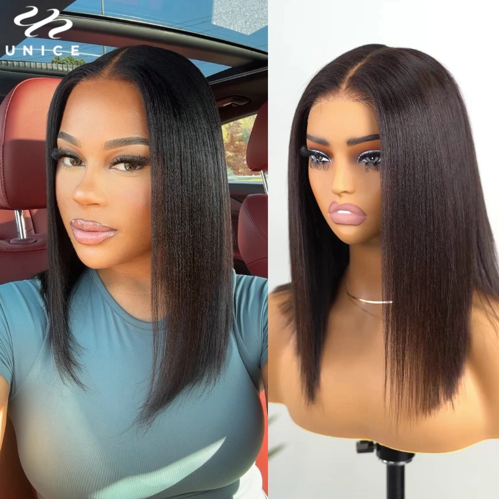 

UNice Hair Yaki Straight Bob Wig Pre Everything 7x5 13x4 Lace Front Wig Human Hair Pre Bleached Pre Cut Wear Go Glueless Wigs