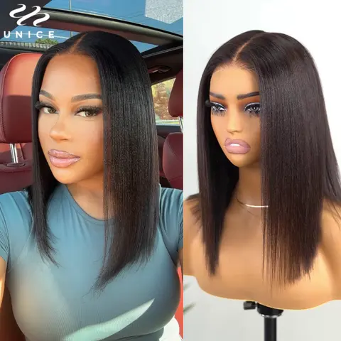 UNice Hair Yaki 스트레이트 밥 가발 Pre Everything 7x5 13x4 레이스 프론트 가발 인간의 머리카락 Pre Bleached Pre Cut Wear Go Glueless Wigs