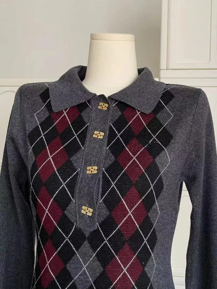 الشتاء النساء بولو طوق الماس تحقق سترة طويلة الأكمام 2000S الجمالية محبوب تريكو المال القديم خمر أنيقة أنيقة #5