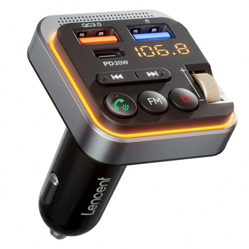 

LENCENT Bluetooth 5.0 FM-передатчик для автомобиля, [PD 20 Вт + QC 3.0] USB-зарядное устройство, музыкальный радиоадаптер, беспроводной микрофон и HiFi бас