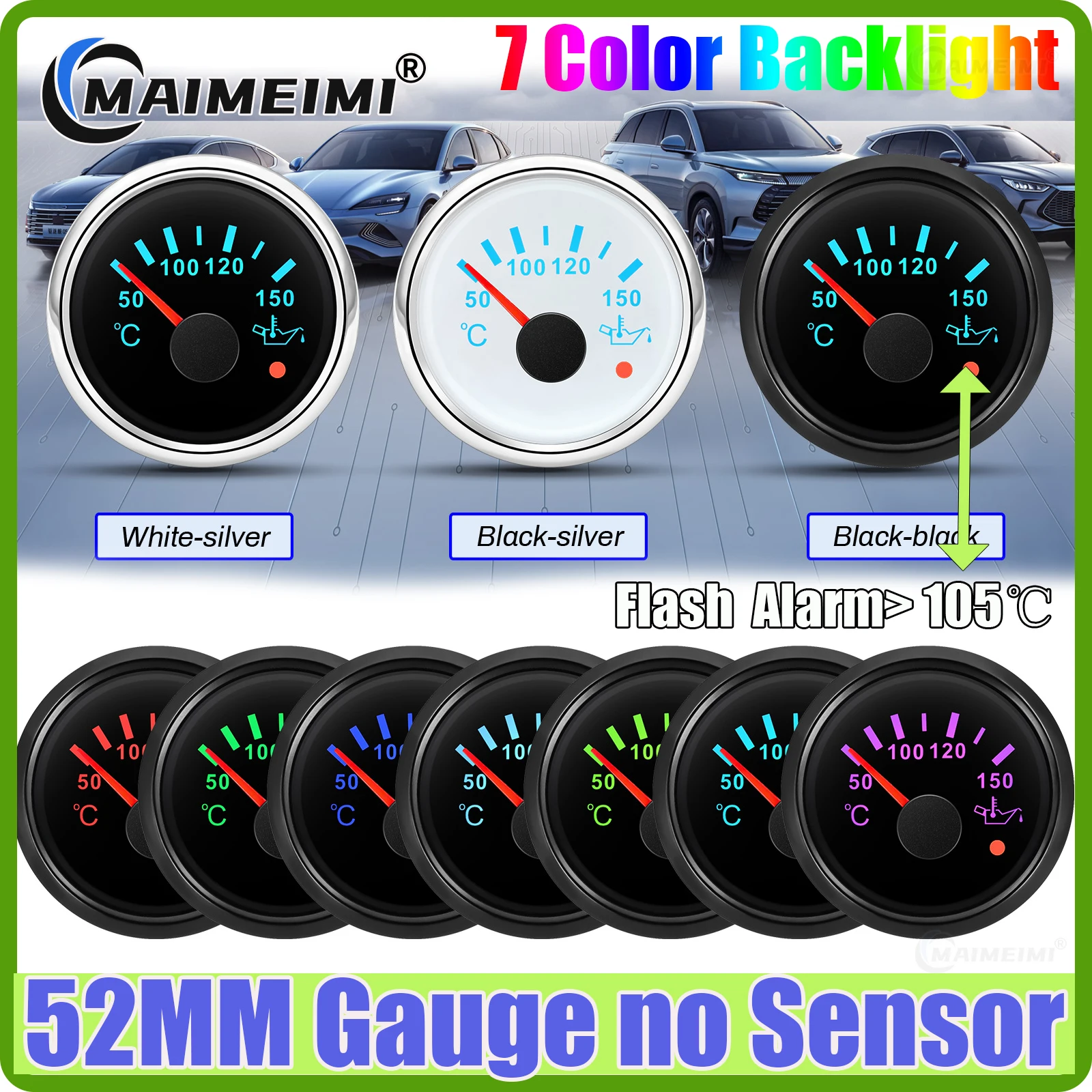 Marine 50-150℃ 52mm Oil Temperture Gauge with Alarm 7 Color Backlight Oil Temp Meter Indicator Waterproof Boat Yacht Car 9-32V