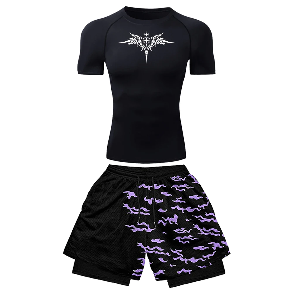 

2PCS Men's Anime Gym Set Purple Cloud 3D Printed 2-in-1 Shorts & Black Compression T-shirt Fitness Sportswear Workout Suit