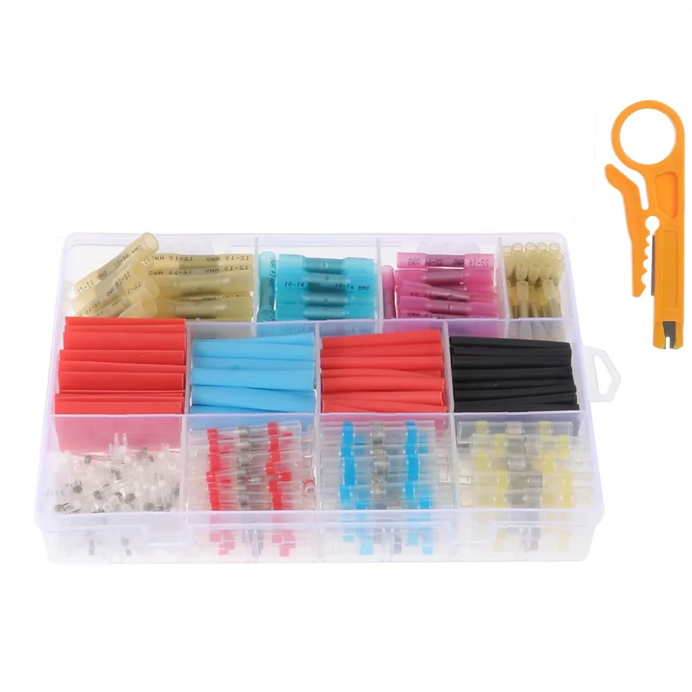 500Pcs Solder Seal Heat Shrink Wire Connectors Kit, Waterproof Heat Shrink Tubes with Wire Stripper, Storage Box