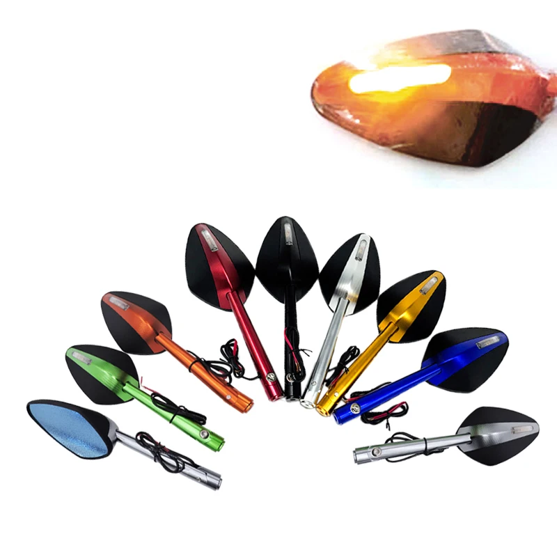 Universal Aluminum 8/10mm Motorcycle Handlebar Rear View Mirrors Blue Anti-glare Mirror With LED Turn Signal Lights Scooter Part